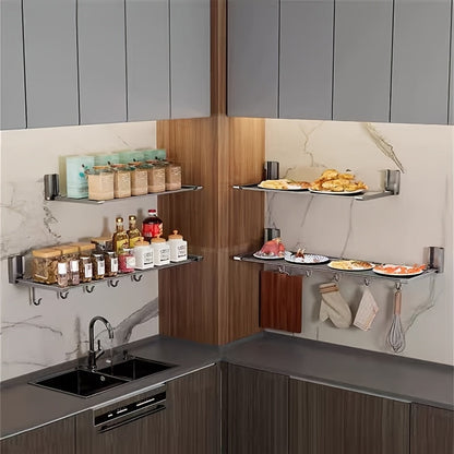 Modern Aluminum Kitchen Rack with Folding Wall-Mounted Seasoning Jar Storage Shelf for Food Preparation - No Electricity Required