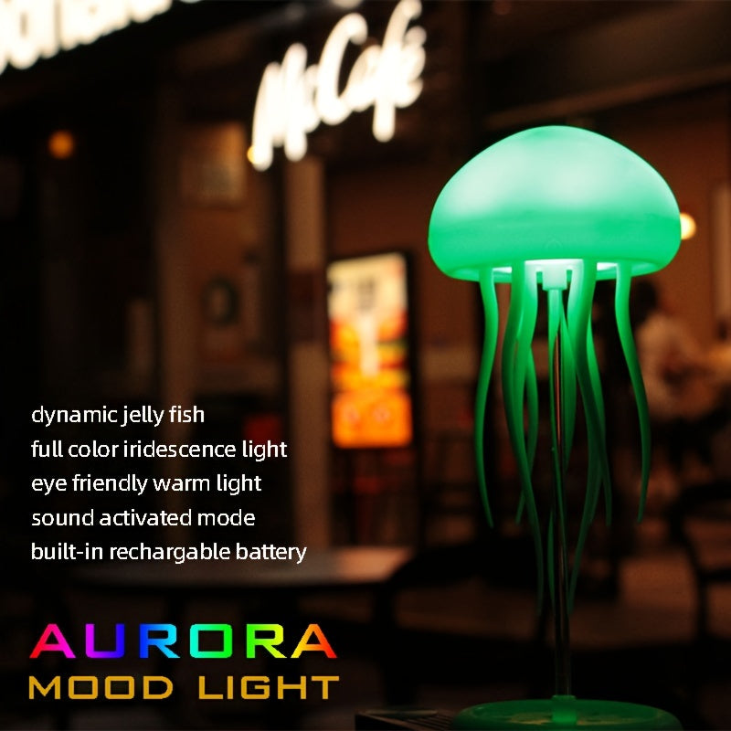 Jellyfish-shaped night light with color-changing, voice control, rotatable design. USB rechargeable with LED lights. Suitable for various uses, including office, bedroom, camping, outdoors.