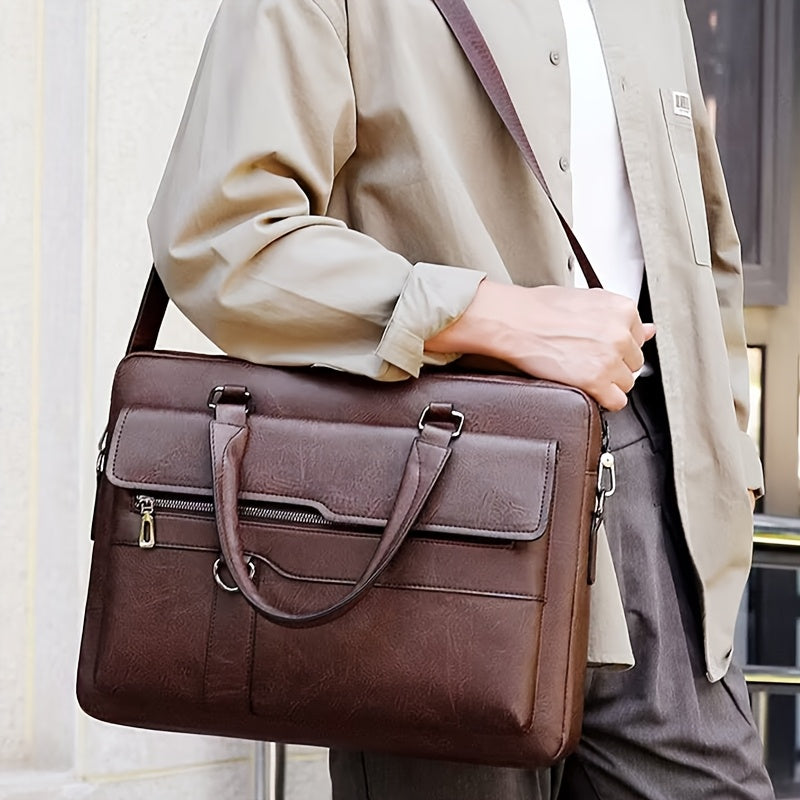 Vintage style coffee briefcase for men with adjustable strap, perfect for daily commute.