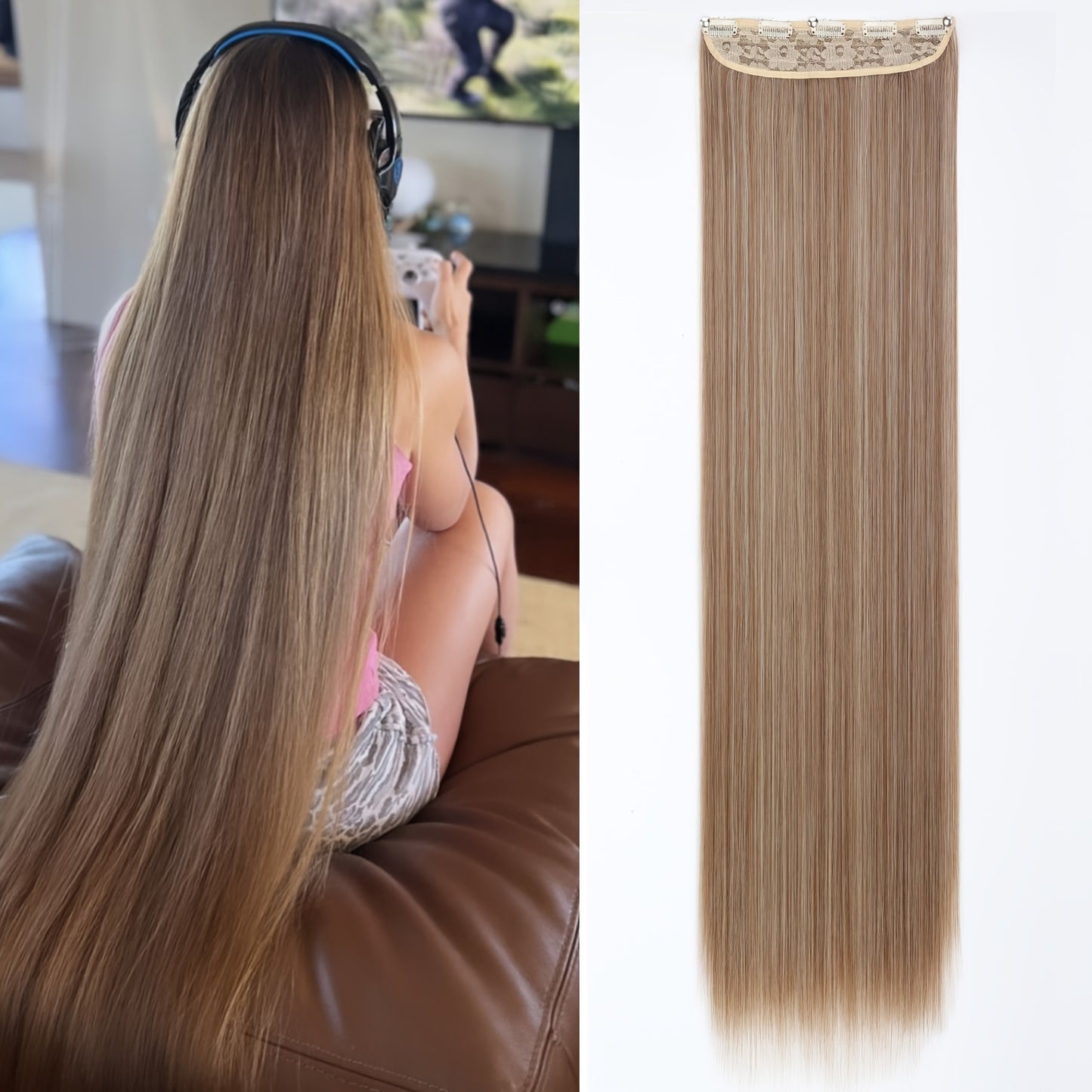 Elegant natural looking synthetic clip-in hair extensions for daily use, 32 inch long straight pieces with 5 clips.