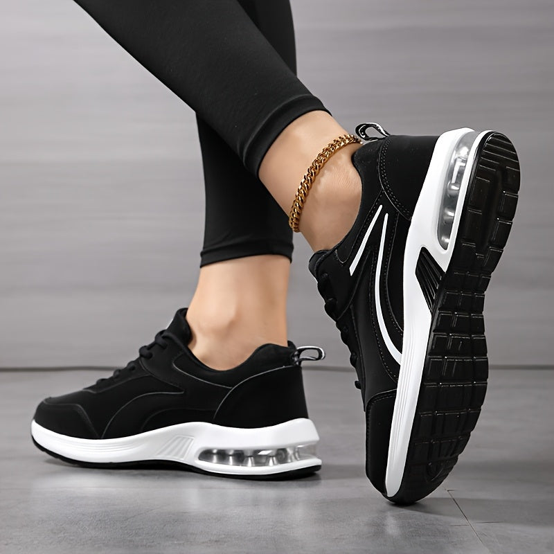 Women's fashion sneakers with non-slip waterproof sole, lace-up design, microfiber upper, and PU sole.