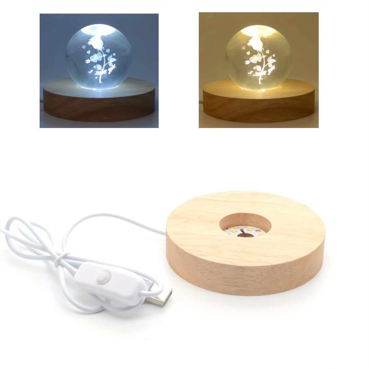 Wooden LED Light Display Base for 3D Crystal Glass Resin Art and Pictures in Multiple Colors, Perfect for Holiday Gifts