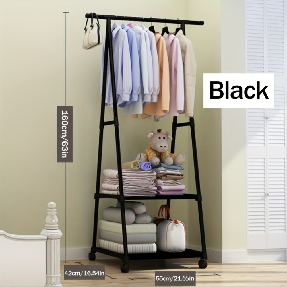 Versatile Metal Clothing Rack with Triangular Wheeled Stand, Portable Multi-Layer Organizer for Hanging Clothes and Coats, Ideal for Home, Kitchen, and Closet Organization.