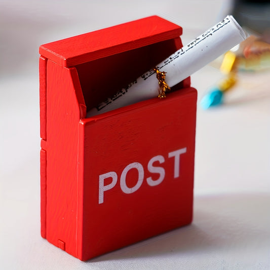 Red miniature wooden mailbox for 1:12 dollhouses with "POST" label, indoor use, no power required. Perfect for living room decor.