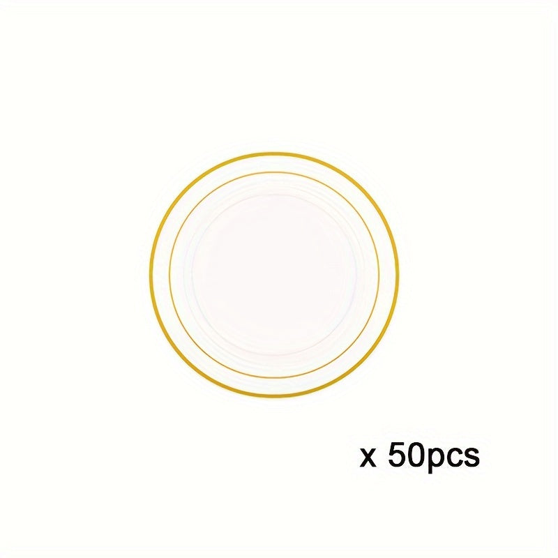 25-50 pieces of golden plastic party plates, measuring 19.05-26.04 cm each. These disposable plates are made of premium heavy-duty plastic, perfect for serving dinner and appetizers at parties and weddings.