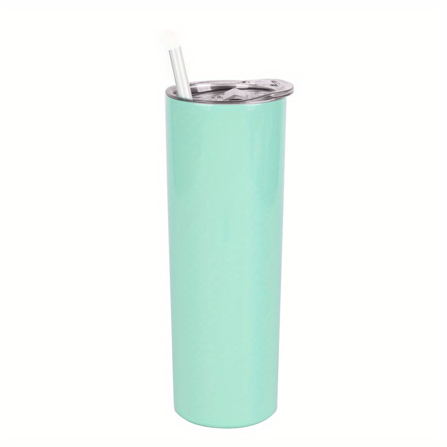 20oz skinny tumbler with stainless steel double wall and vacuum insulation, includes lid and straw.