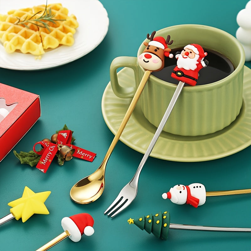 Set of 12 golden and silvery Christmas-themed coffee spoons, featuring cute doll designs. Made of stainless steel, this mixed set is perfect for use in restaurants during Christmas parties for serving desserts, coffee, milkshakes, jams, chocolates, and