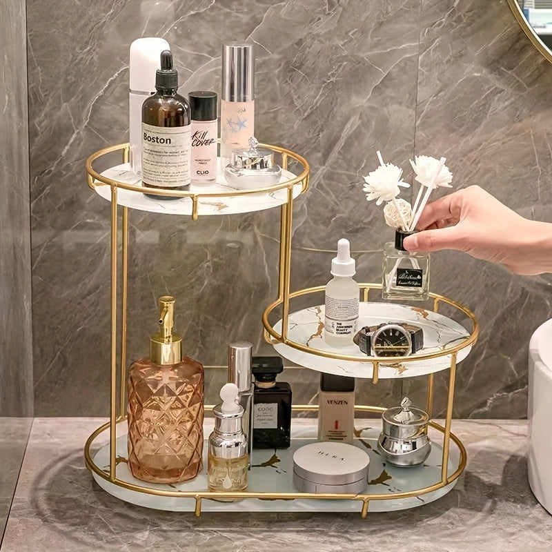 Sleek metallic bathroom organizer: no installation, polished, fragrance-free, and lightweight.