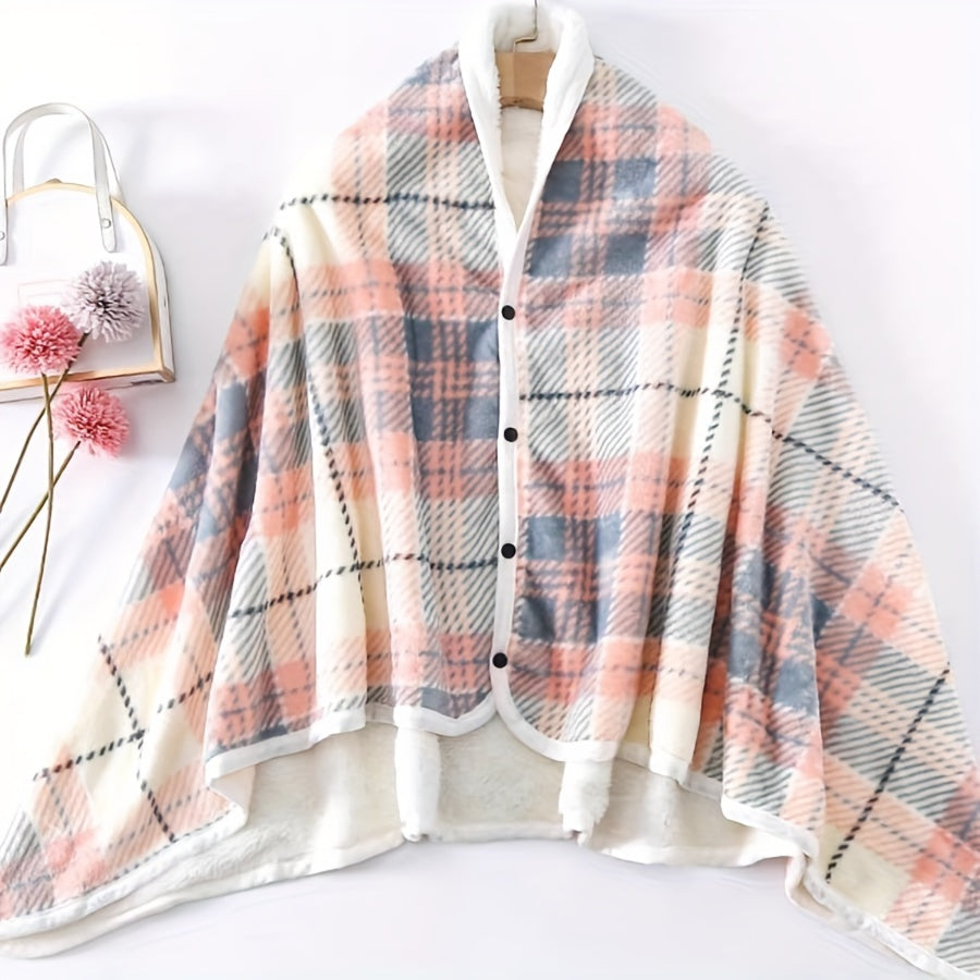 Оставайтесь теплыми и стильными с нашим reversible plaid shawl - толстой и уютной зимней накидкой с удобной кнопочной застежкой, идеально подходящей как для офиса, так и для дома.