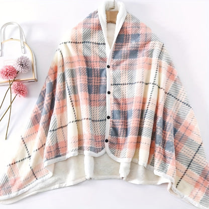 Stay warm and stylish with our reversible plaid shawl - a thick and cozy winter blanket featuring a convenient button closure, perfect for both office and home use.