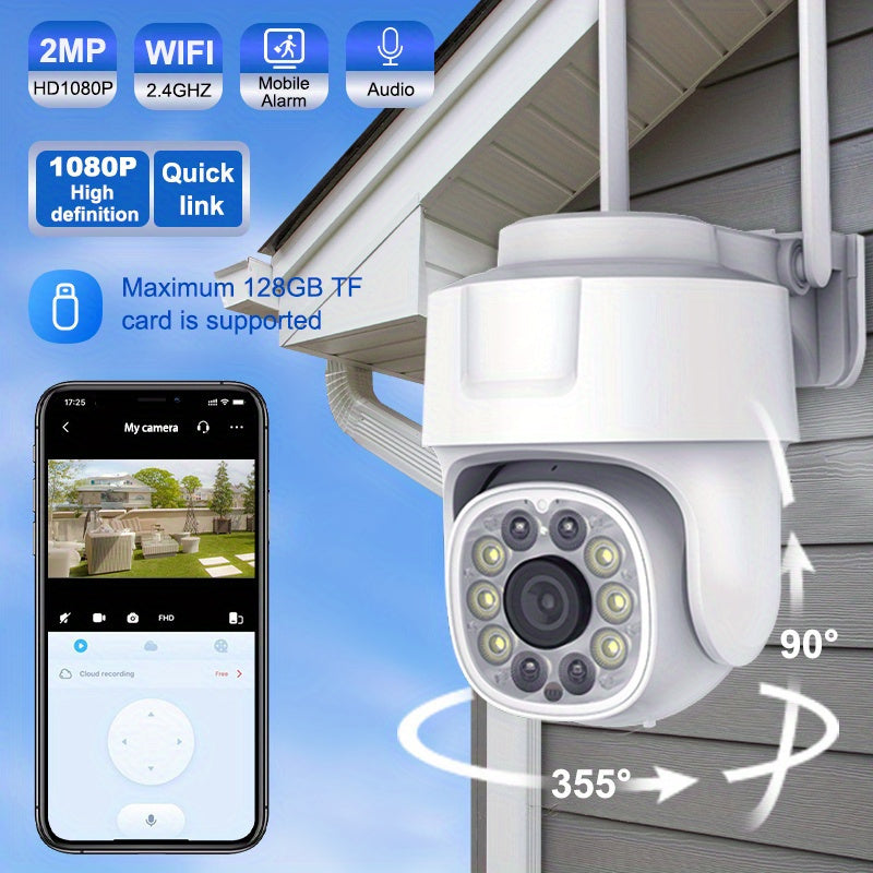 Introducing the OIMLYO 1080P HD Wireless WiFi Security Camera. Featuring a 355° Panoramic PTZ, IP66 Waterproof design, Night Vision, Two-Way Audio and Motion Detection. Easy to install with Wall Hanging capability, this camera is Compatible with