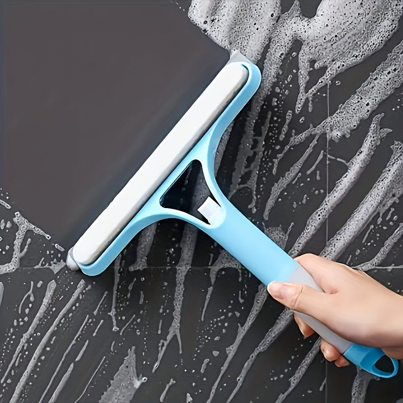 Multi-functional cleaning tool with spray bottle and double-sided glass scraper for various surfaces.