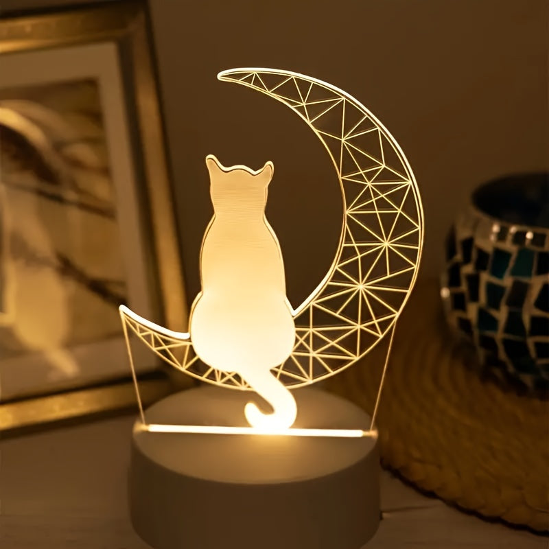 3D Cat on Moon Night Light: USB-Powered Table Lamp, Switch-Controlled Uplight for Home Decor, No Batteries Required.