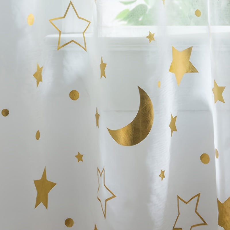 White tulle curtains with shiny silver and golden stars moon cartoon design, perfect for kids' room. Can also be used as modern and cute window treatment sheers for living room or bedroom. Features 1PC rod pocket top for easy hanging.