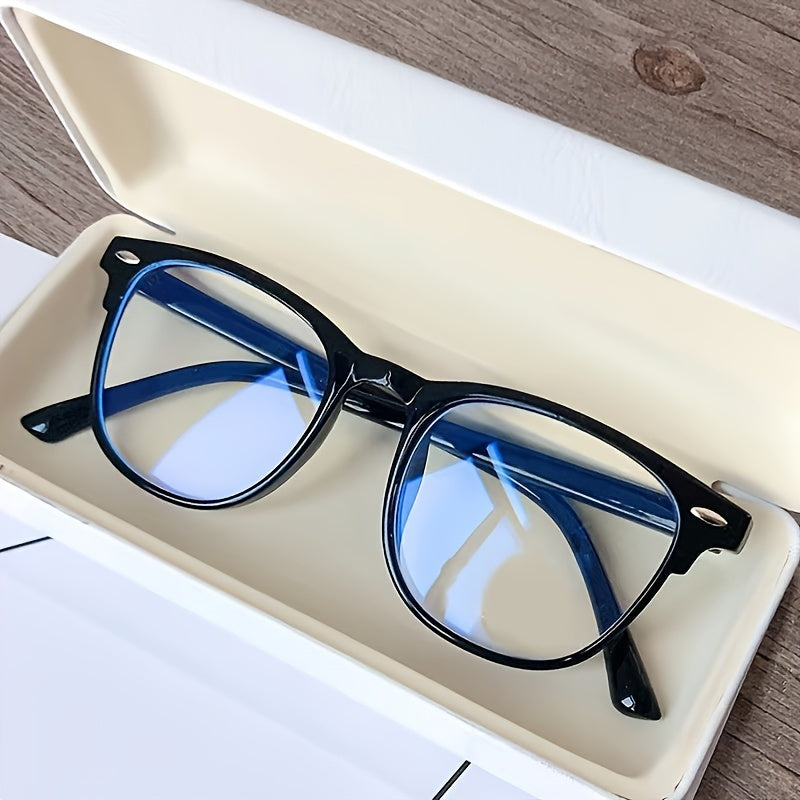 Square blue light blocking glasses with a black frame and blue-tinted arms. Made of durable PC material. Suitable for casual, school, and business use. Comes with a protective case. Ideal