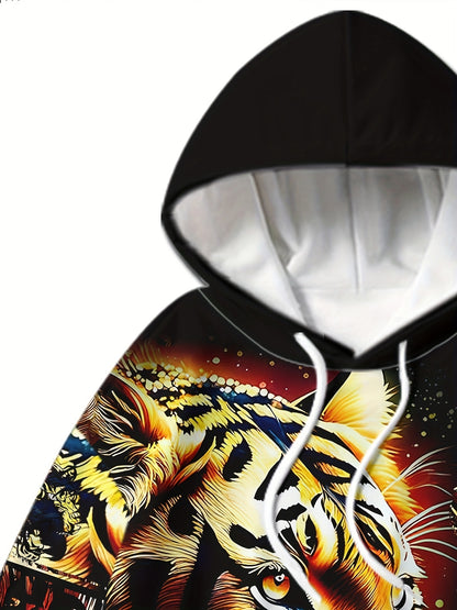 Men's 2-piece casual outfit featuring a long sleeve hoodie and sweatpants in a creative tiger 3D print, perfect for spring and fall.