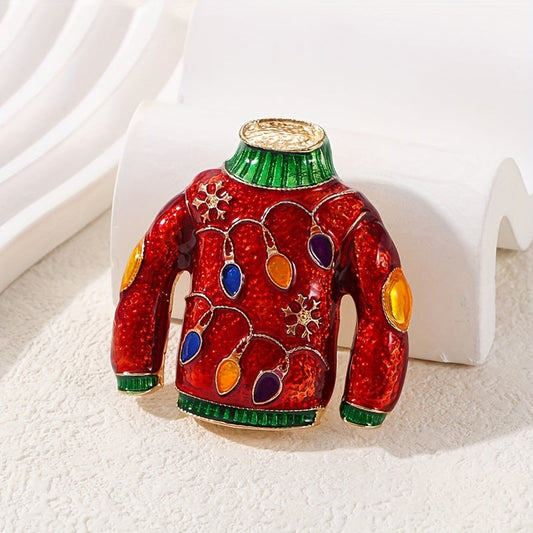 One piece Christmas sweater brooch for women, made of alloy in an irregular shape. Features red color with green accents. This fashion accessory can be worn on clothing or jewelry.