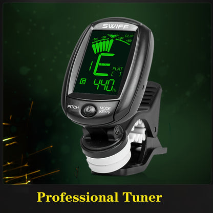 SWIFF A3 Professional Guitar Tuner LED displey bilan – Akustik, bas va elektr gitarlari uchun aniq klip-on tunerlash, qora ABS materialida ixcham dizayn, SWIFF AUDIO