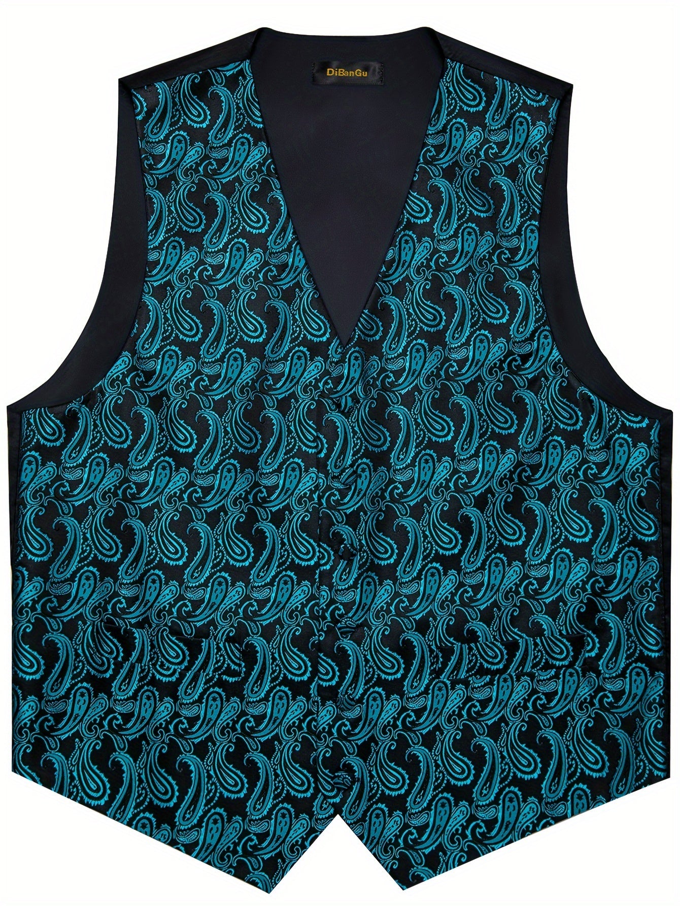 Plus size men's paisley suit vest set with tie, bow tie, pocket square, and cufflinks - perfect for parties.