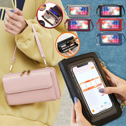 Stylish women's crossbody phone bag with RFID blocking, touch screen, adjustable strap, synthetic leather in red/blue/black. Ideal for everyday use.