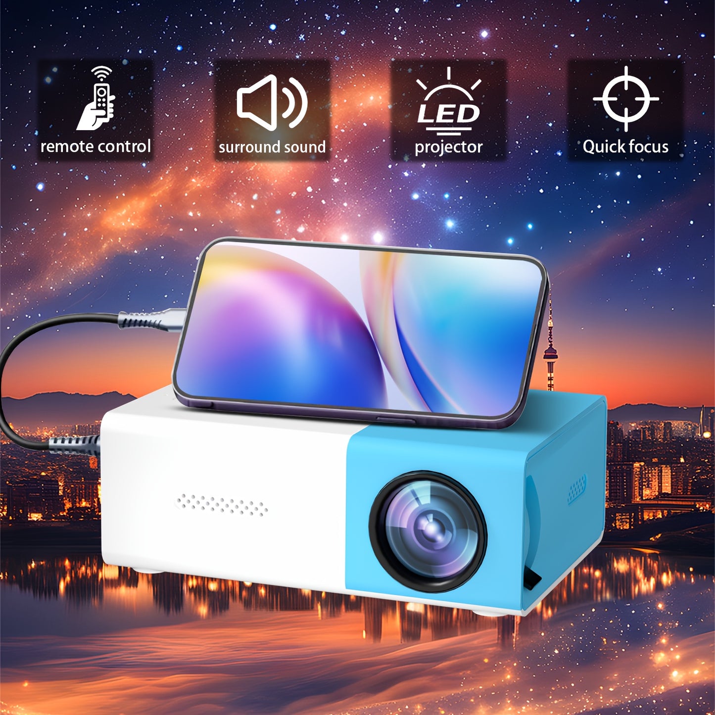 ZRZTM YG300-EU Mini Projector - Fast focus, LED display, 30,000 hour playtime, speakers, and remote. Portable for home cinema, movies, and compatible with Android/Windows/TV Stick via USB