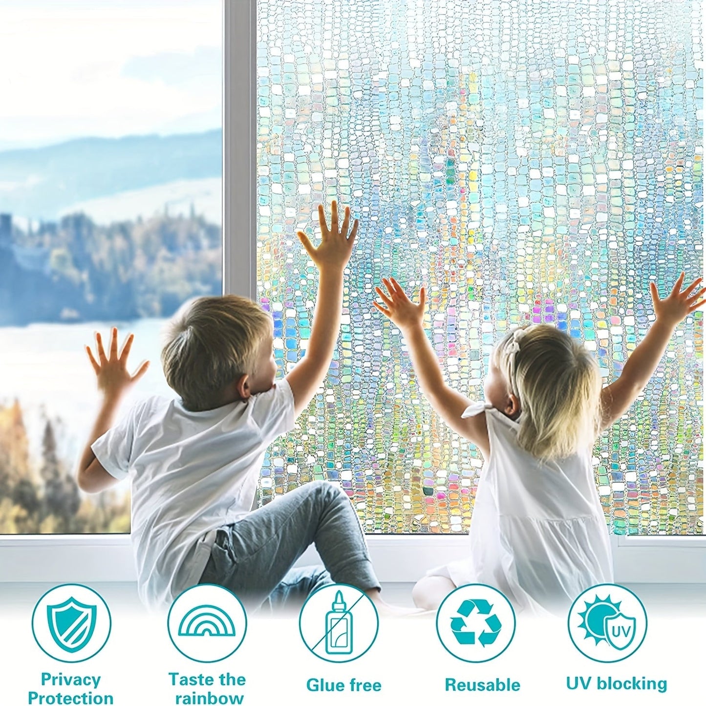 Decorate your home with the 1PC Privacy Window Film featuring a Stained Glass Rainbow design. This window cling provides privacy, blocks sunlight, and adds a 3D decorative touch to any room in your home. Perfect for bathrooms, living rooms, and more.