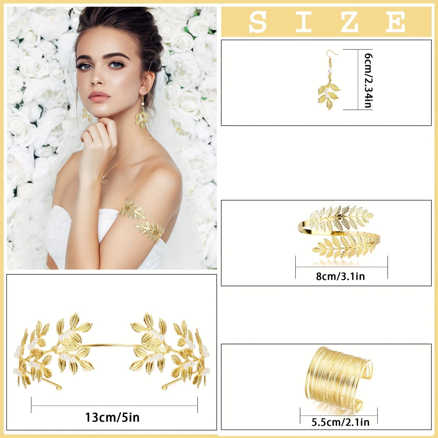 Ensemble of Greek Goddess-Inspired Costume Accessories, Featuring a Leaf-Shaped Crown, Headband, Bracelet, Earrings, and Bridal Tiara