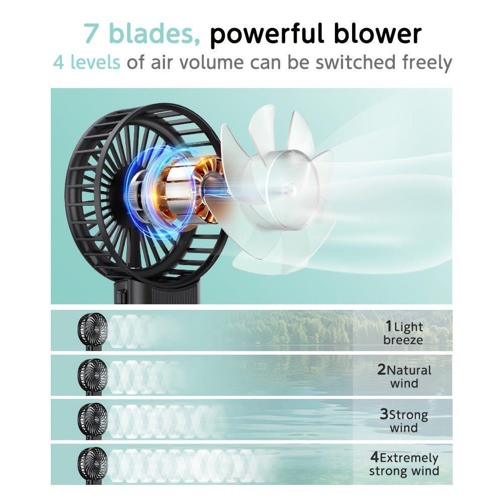 Handheld Fan with 180° Foldable Stand and Wearable Neck Strap, USB Rechargeable, 7-Blade Design, 4-Speed Adjustable, High-Velocity Cooling, 2000mAh Lithium Battery, Button Controls, Sleek Plastic Finish for Indoor and Outdoor Use.