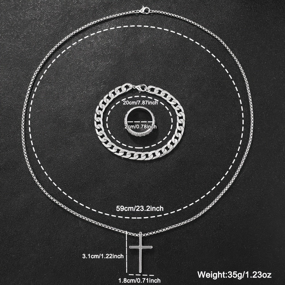 Набор из 4-х предметов: мужские повседневные модные часы с круглым серебристым циферблатом и кварцевым механизмом, серебристый кулон в виде креста, кольцо и браслет - идеальный подарок для него