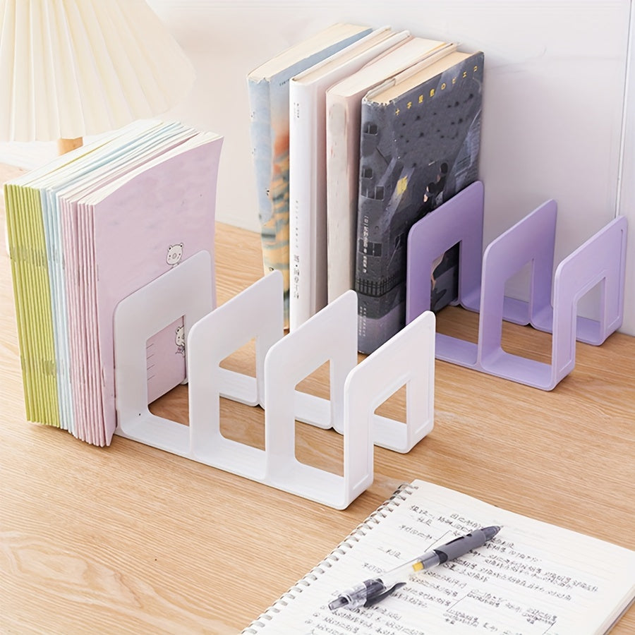 Versatile plastic book organizer for desk or office space-saving storage.