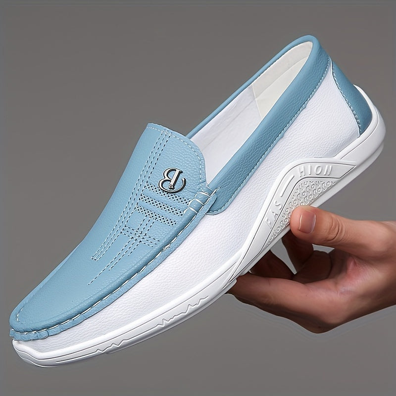 Men's trendy color block slip-on loafers with microfiber upper and durable non-slip rubber sole, perfect for daily wear.