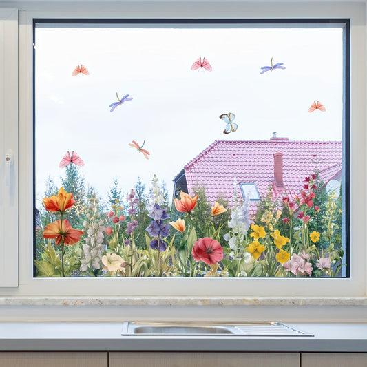 One sheet of Colorful Floral and Butterfly Window Clings, a set of plastic self-adhesive decorative stickers designed for windows, glass doors, and bathroom decor. These stickers require no electricity to use.