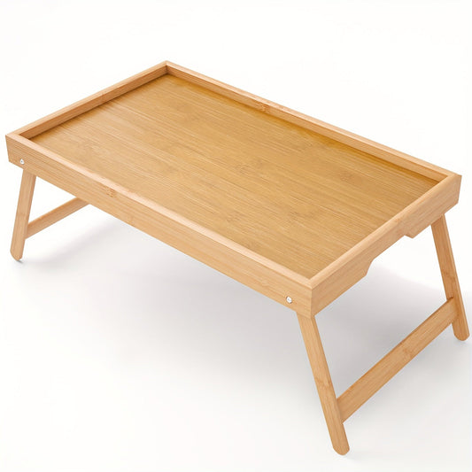 One bamboo folding mini table with a handle, perfect for storage and organization. Ideal for use as a lazy computer desk on a dormitory bed, in a home bedroom, or outdoors at a hotel. This portable folding table can also be used as a tea set tray or