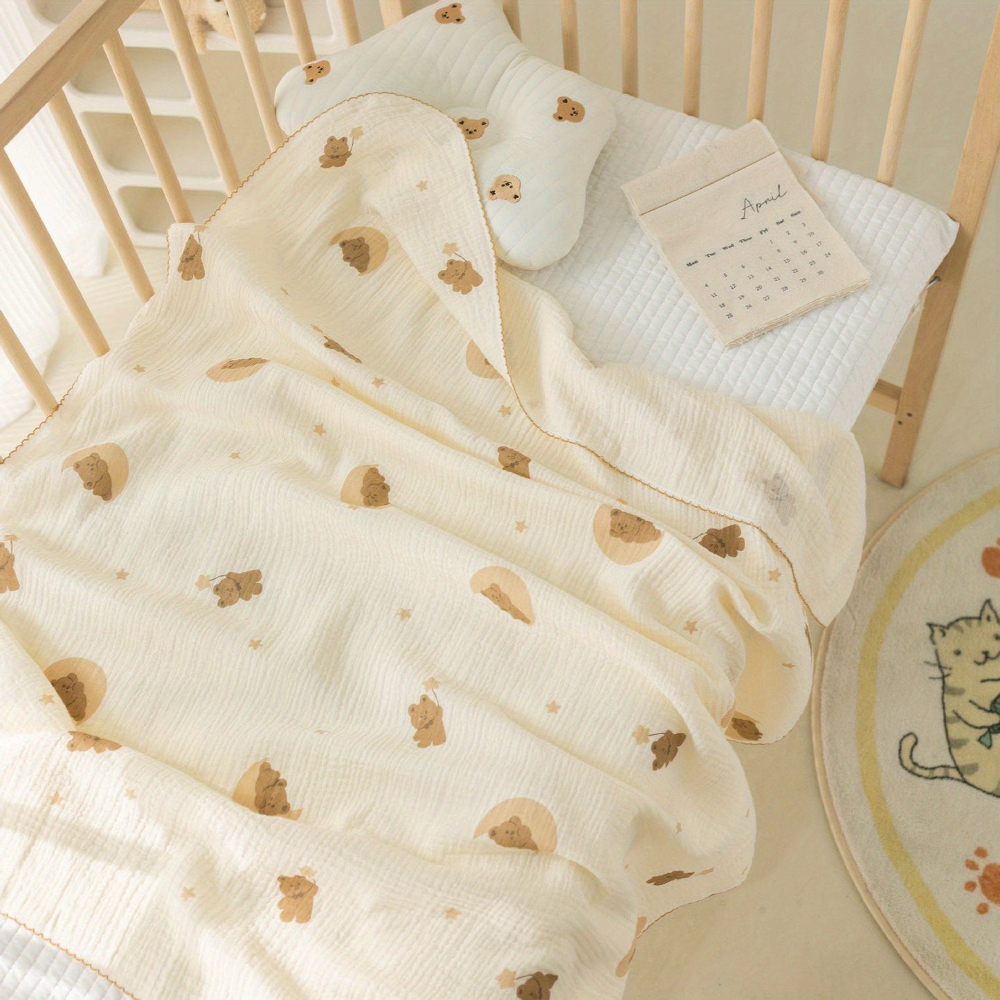 Keep your baby cozy and comfortable with our double-layer quilted gauze baby blanket. Made of pure cotton, this breathable blanket is perfect for spring and autumn outings. Featuring a cute bear animal cartoon design, this infant blanket also makes a