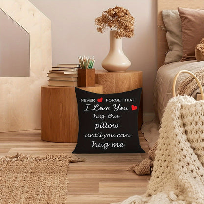 Romantic 'I Love You' hug-inspired pillow cover, 45.72x45.72 cm, perfect girlfriend gift, soft plush material, zip closure, hand washable.