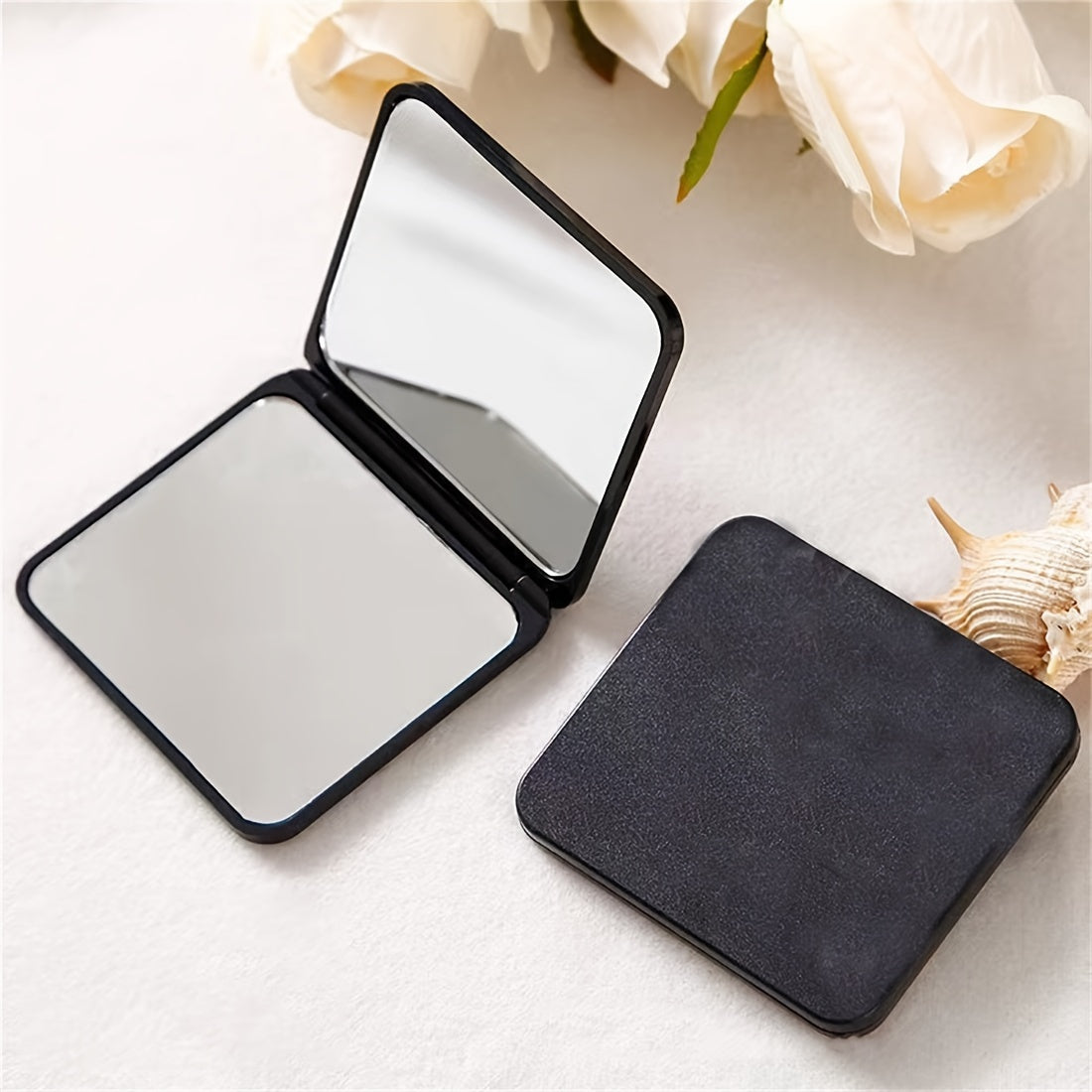 Personalized floral mini makeup mirror with customizable photo and text options, perfect for purses and travel. Ideal gift for birthdays or Valentine's Day.