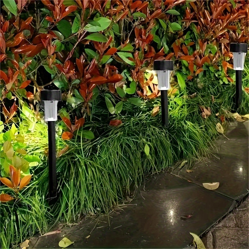 10-pack of solar landscape lights for outdoor lighting, perfect for paths, patios, lawns, and driveways. Features plastic construction, semi-embedded installation, switch control, removable