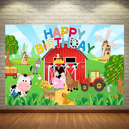 Large farm animal birthday party backdrop for kids' celebrations, 129.54x149.86cm (70.8x90.5") polyester photo background