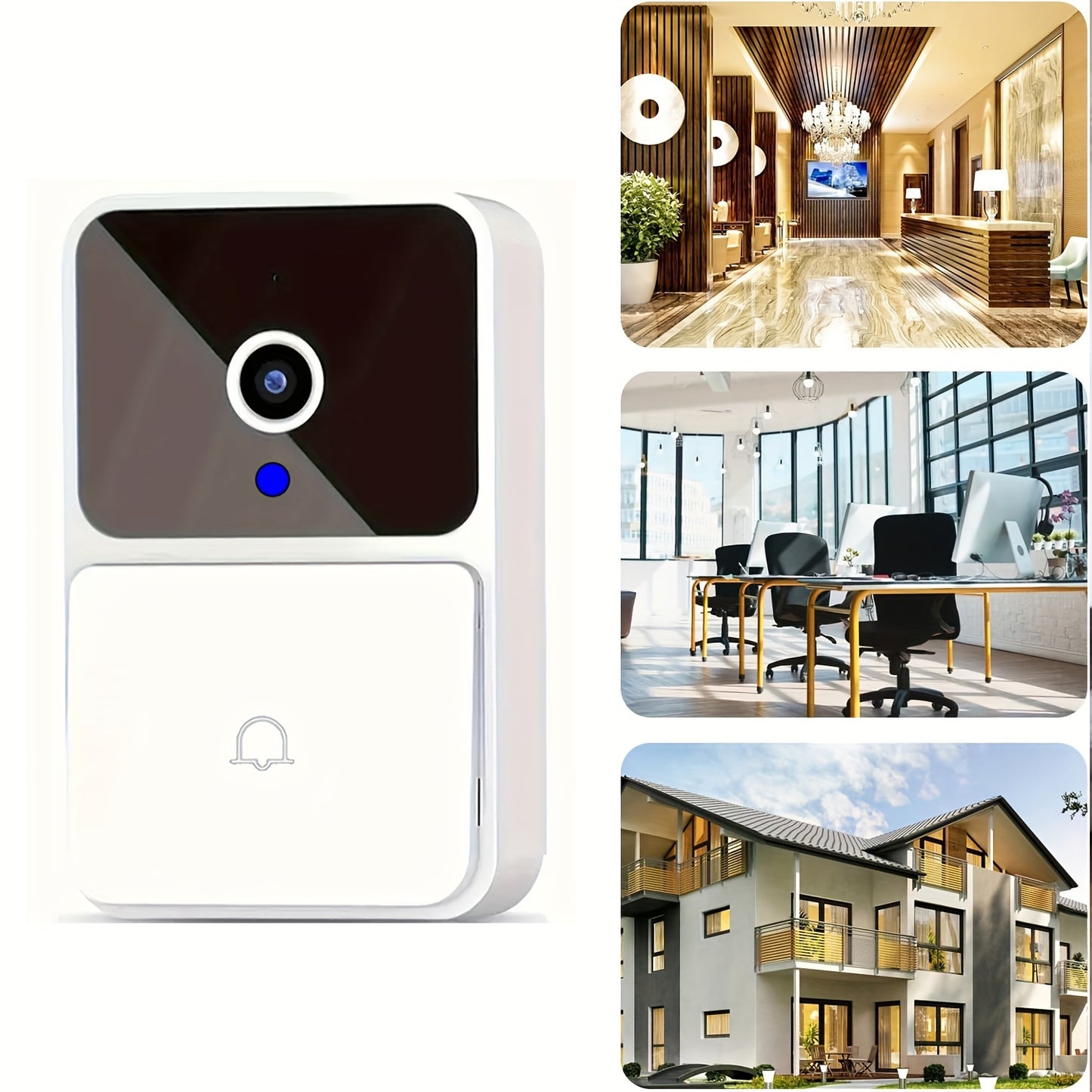 White Smart WiFi Doorbell Camera Plus with Night Vision, Two-Way Audio, Photo & Video Recording, App Control, Voice Changer, Wide Angle Lens, Rechargeable Battery, USB Powered, Wall Mount.