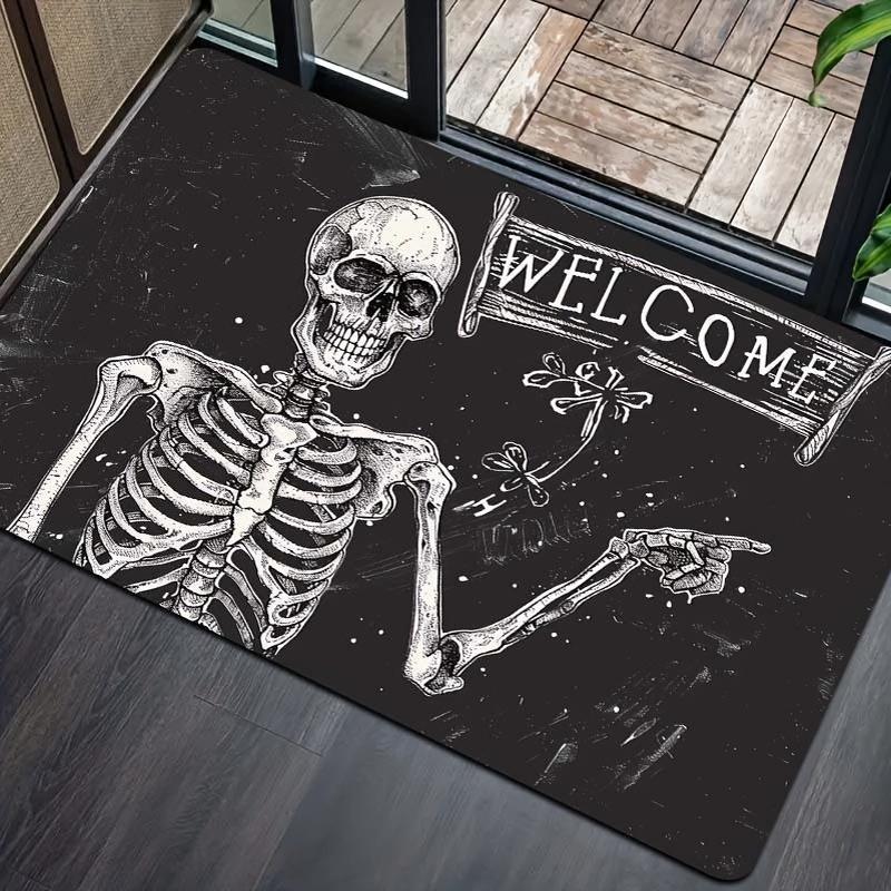 Skeleton Welcome Doormat - Machine Washable Polyester Flannel Indoor Mat with PVC Backing, Rectangle Textile Mat for Laundry, Bathroom, Kitchen, Living Room, Bedroom Entrance Decoration - Area Mat that is Washable