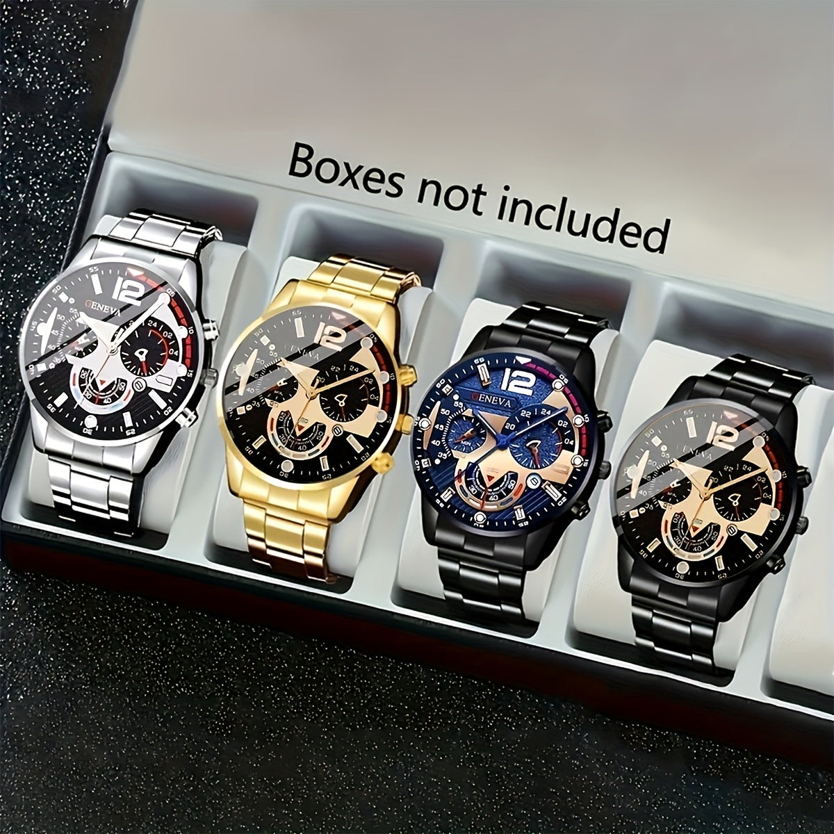 Set of 4 fashion men's quartz watches with round analog display, shock-resistant alloy band and case, and button battery. Does not come with box.