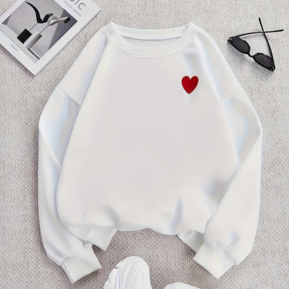 Women's embroidered heart pullover sweatshirt made of 100% polyester knit fabric with a crew neck and slight stretch. Ideal for all seasons as casual sportswear.