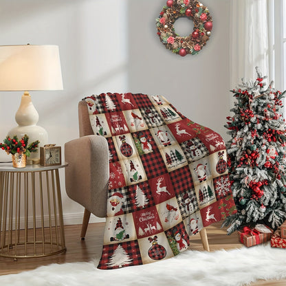 A festive Christmas cartoon-themed blanket that is perfect for cuddling up on the couch, sofa, or bed. Made of soft flannel material, this cozy throw blanket provides warmth and comfort for napping or camping. It is also great for using in the office or