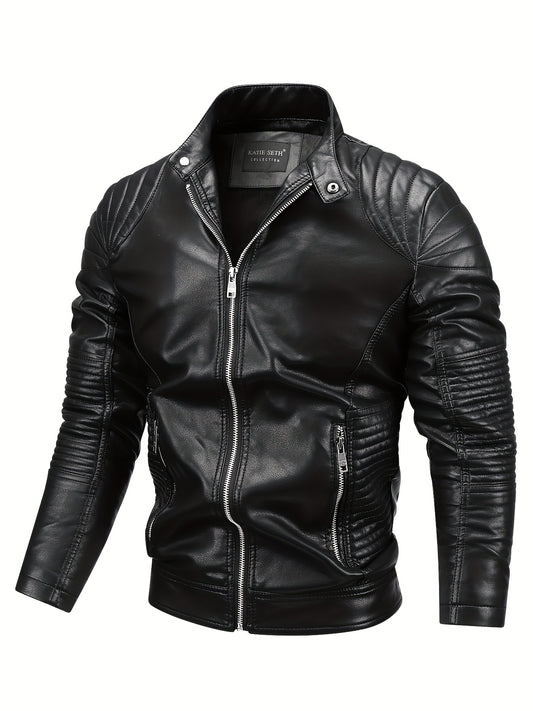 Men's black jacket with fleece lining, stand collar, side pockets, durable zipper closure for spring and fall casual attire, sleek look.