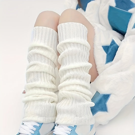 Long knitted leg warmers with slimming stripes for autumn and winter, made from polyester - hand wash or dry clean.