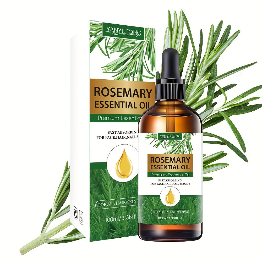 100ml Rosemary Essential Oil for haircare, moisturizing and strengthening scalp. Ideal for split ends, eyebrows, eyelashes, face, skin, and all hair types. Contains glycerin, suitable for