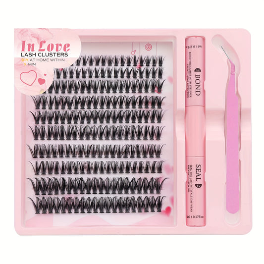 Mega Lift InLove Pink Series Lash Kit: 200 C-Curl false eyelash clusters, 10-16mm, hypoallergenic, easy to apply, and travel-friendly.