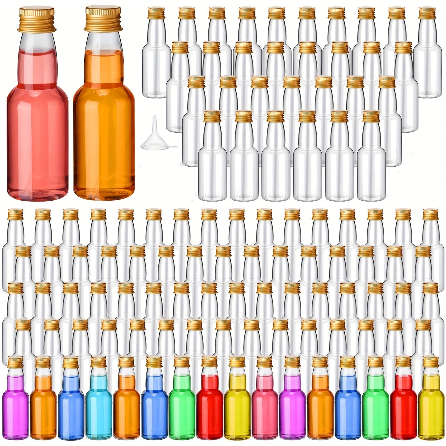 Set of 50 or 100 Mini Liquor Bottles, 25ml (0.85 Fl Oz) PET Plastic Bottles with Black Screw Cap, Includes Liquid Funnel for Simple Filling - Perfect for Miniature Juice, Schnapps, and Vinegar Bottles at Weddings and Parties, Reusable and Convenient