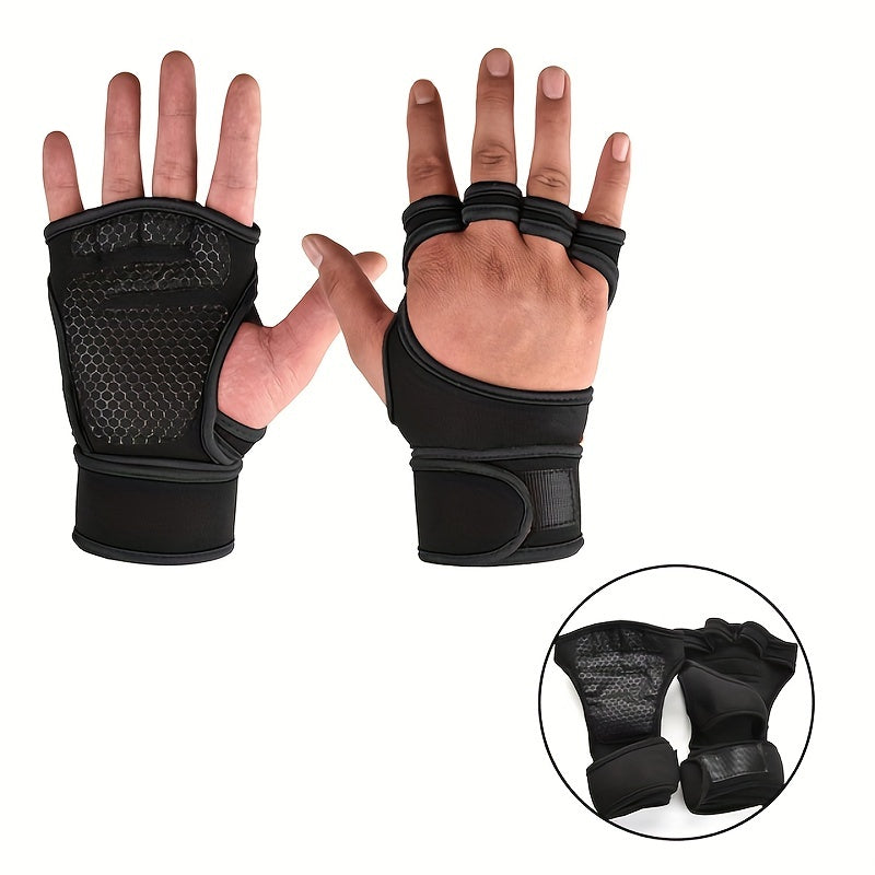 Half finger gym gloves with adjustable wrist support, ideal for pull-ups, barbell lifting and weightlifting. Made of breathable polyester fabric with hook-and-loop fastener closure in