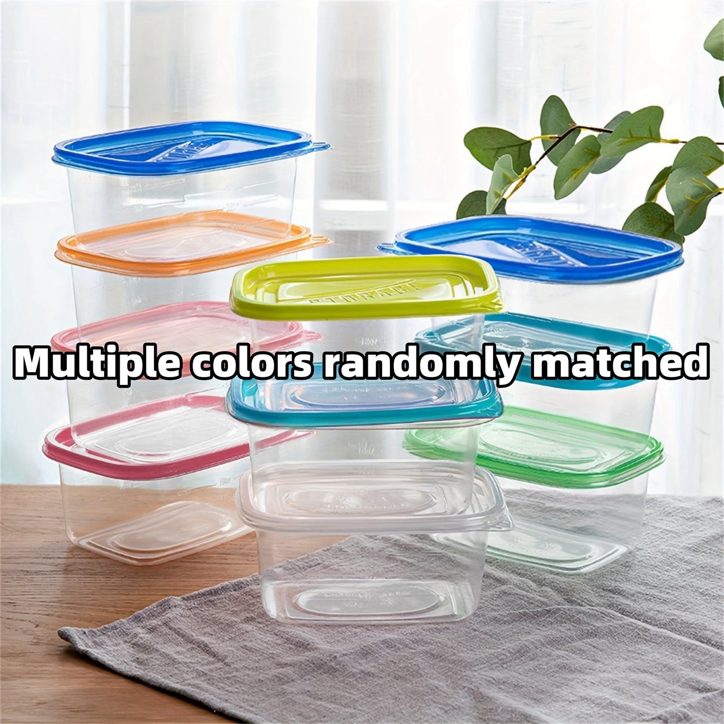 Pack of ten 24-ounce clear plastic meal prep containers that are safe for use in the microwave and dishwasher. These rectangular lunch boxes come with lids in random colors and are reusable.